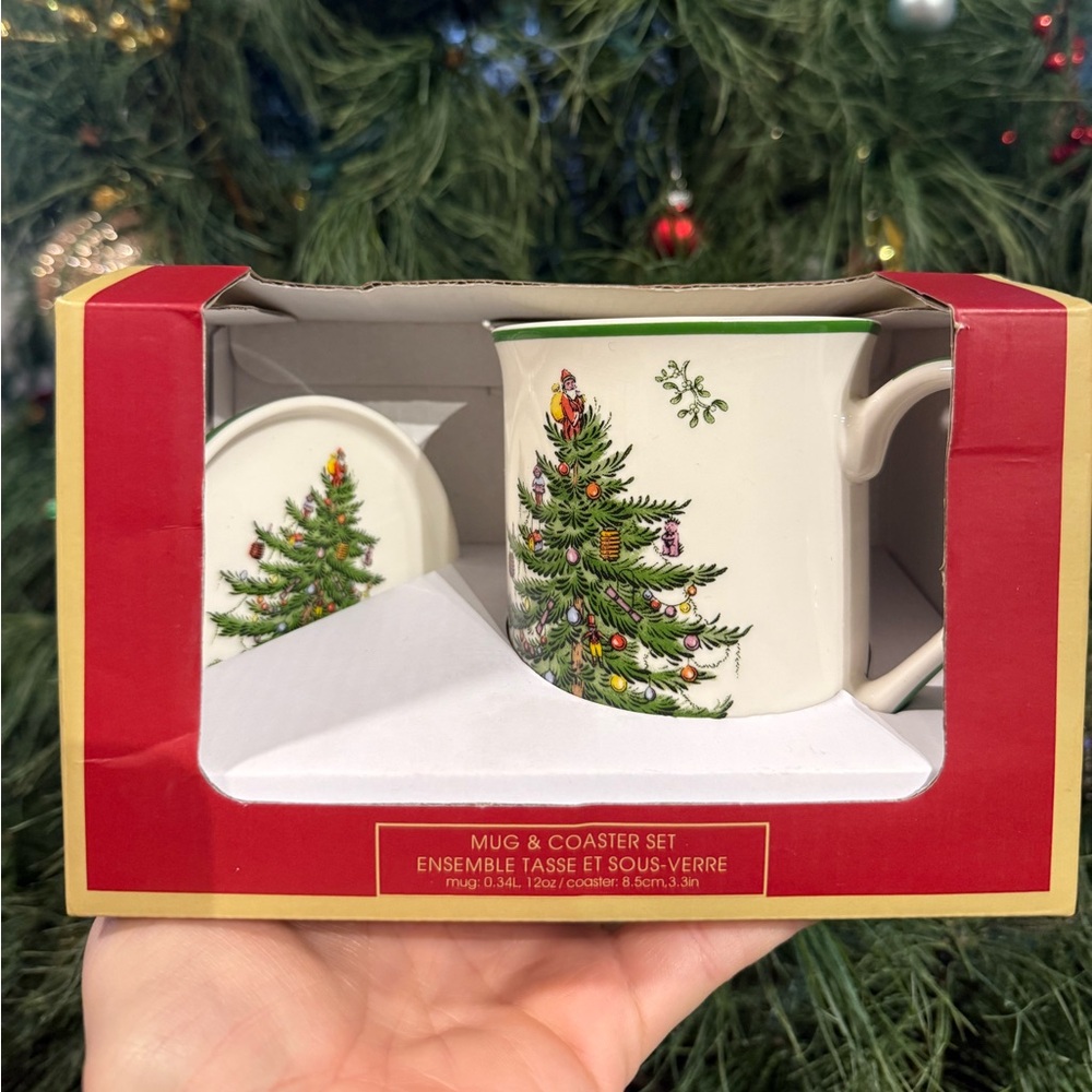 New In Box Spode Christmas Tree Mug & Coaster Set